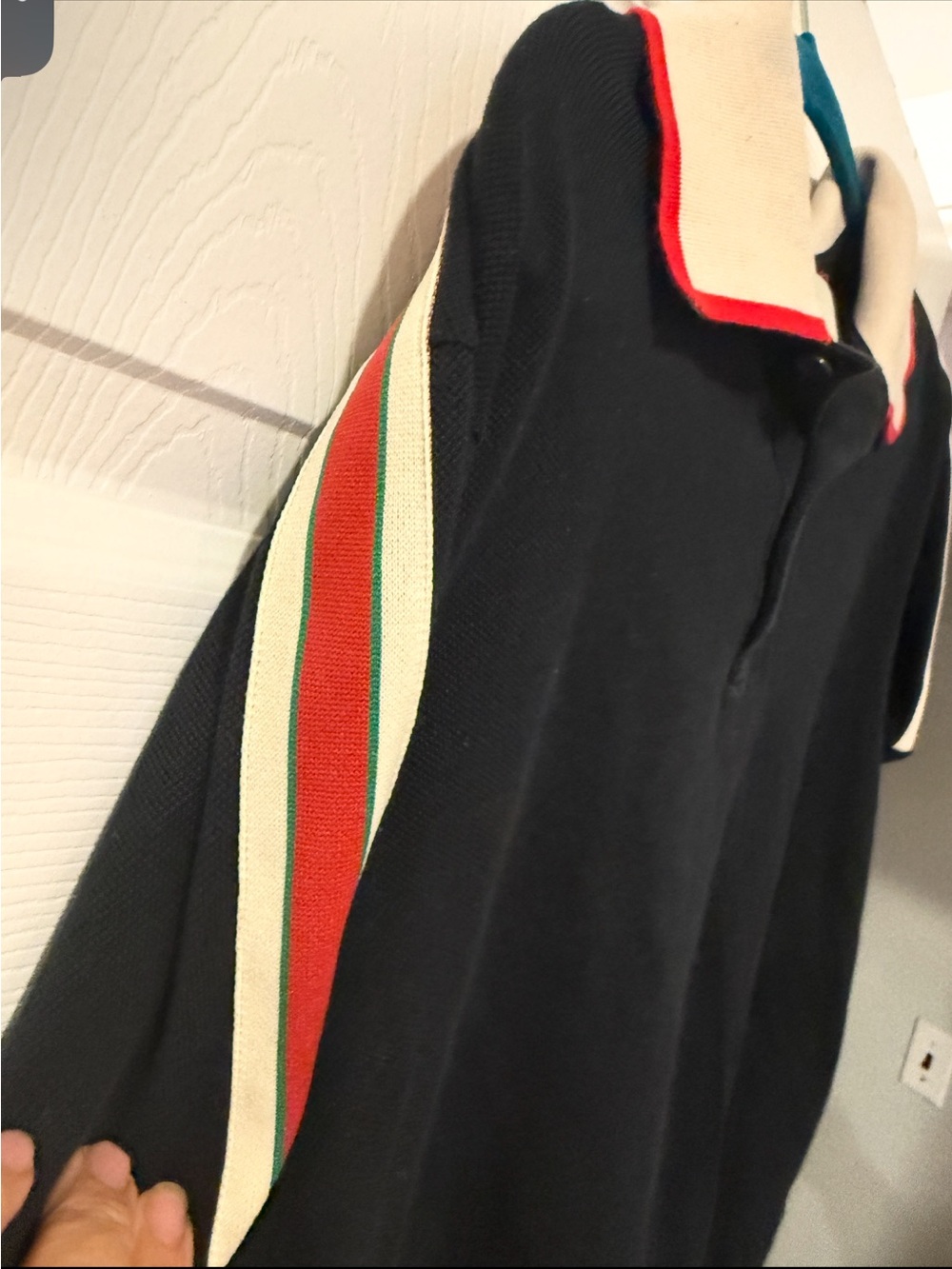 Gucci Black Crewneck Sweater with Red, Cream and Green Stripe Detail
